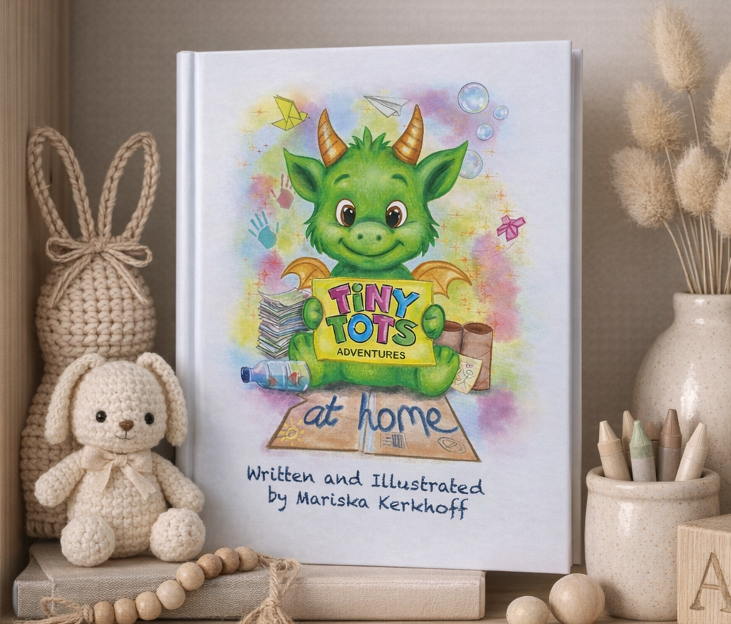 Children's book titled 'Tiny Tots Adventures at Home' with a green dragon illustration on a shelf with toys and decor.