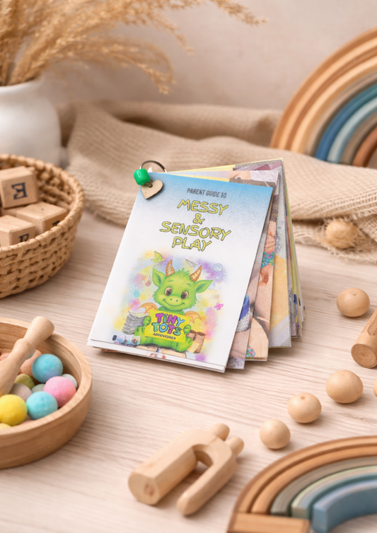 Children's educational book titled 'Mickey & Sensory Play' by Tiny Toys on a wooden surface with toys around.